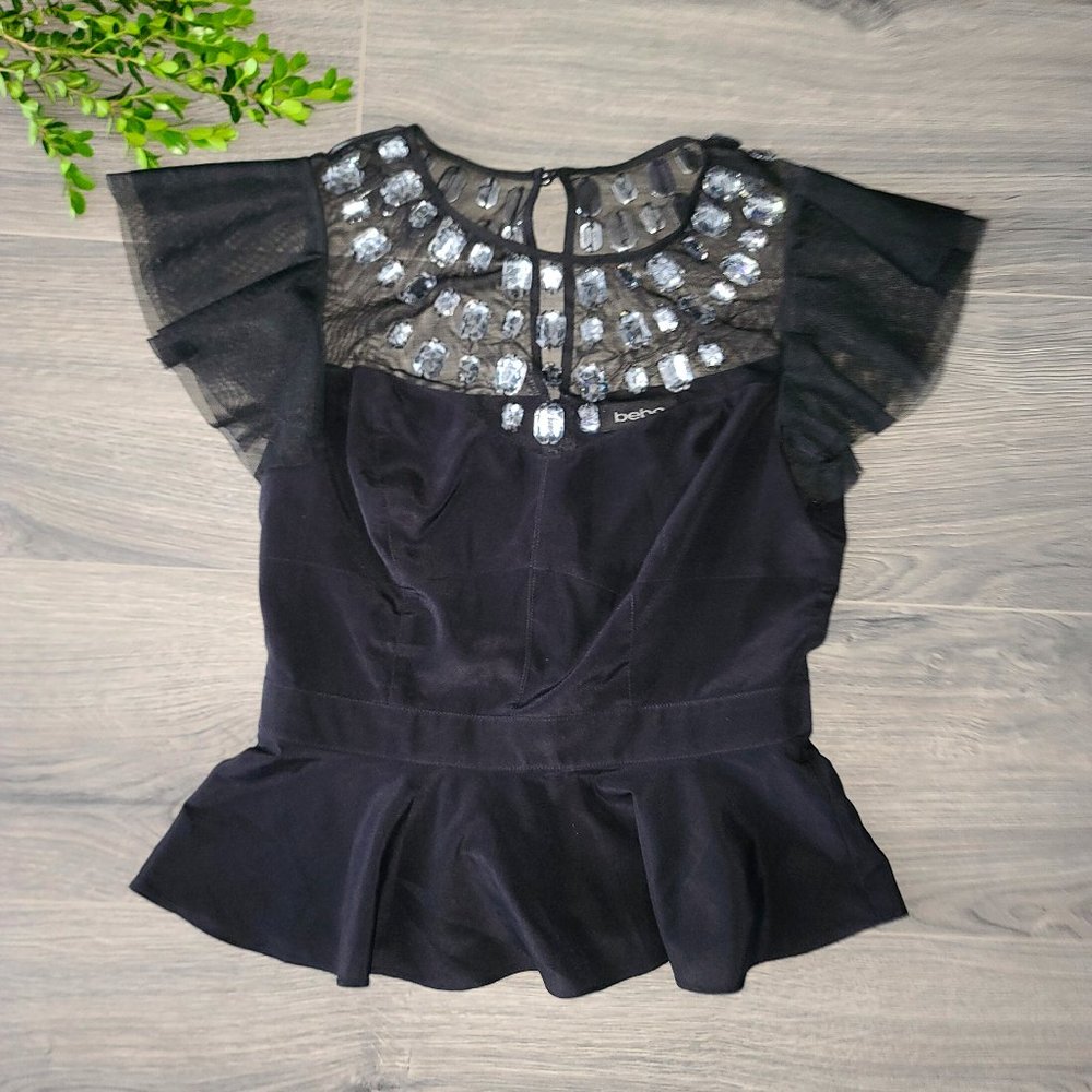 Bebe size S Mesh Satin Beaded Embellished Top Blouse Flatter sleeve Black